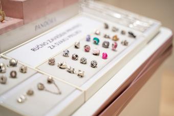 Charms accessories in Pandora store. Belgrade, Serbia - April 1, 2023.